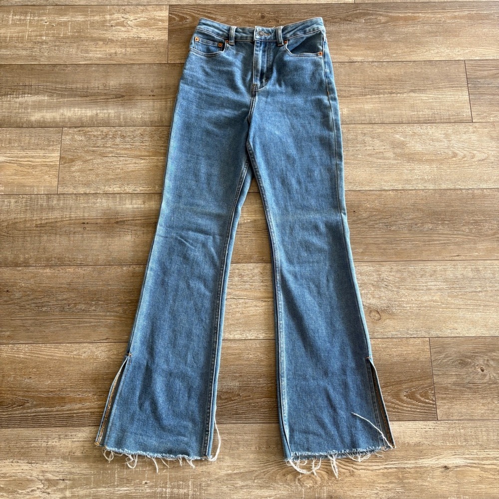 Motel Denim Jeans‎ Women S (26x32) Blue High Rise Boot Leg Raw Split Hem Boho